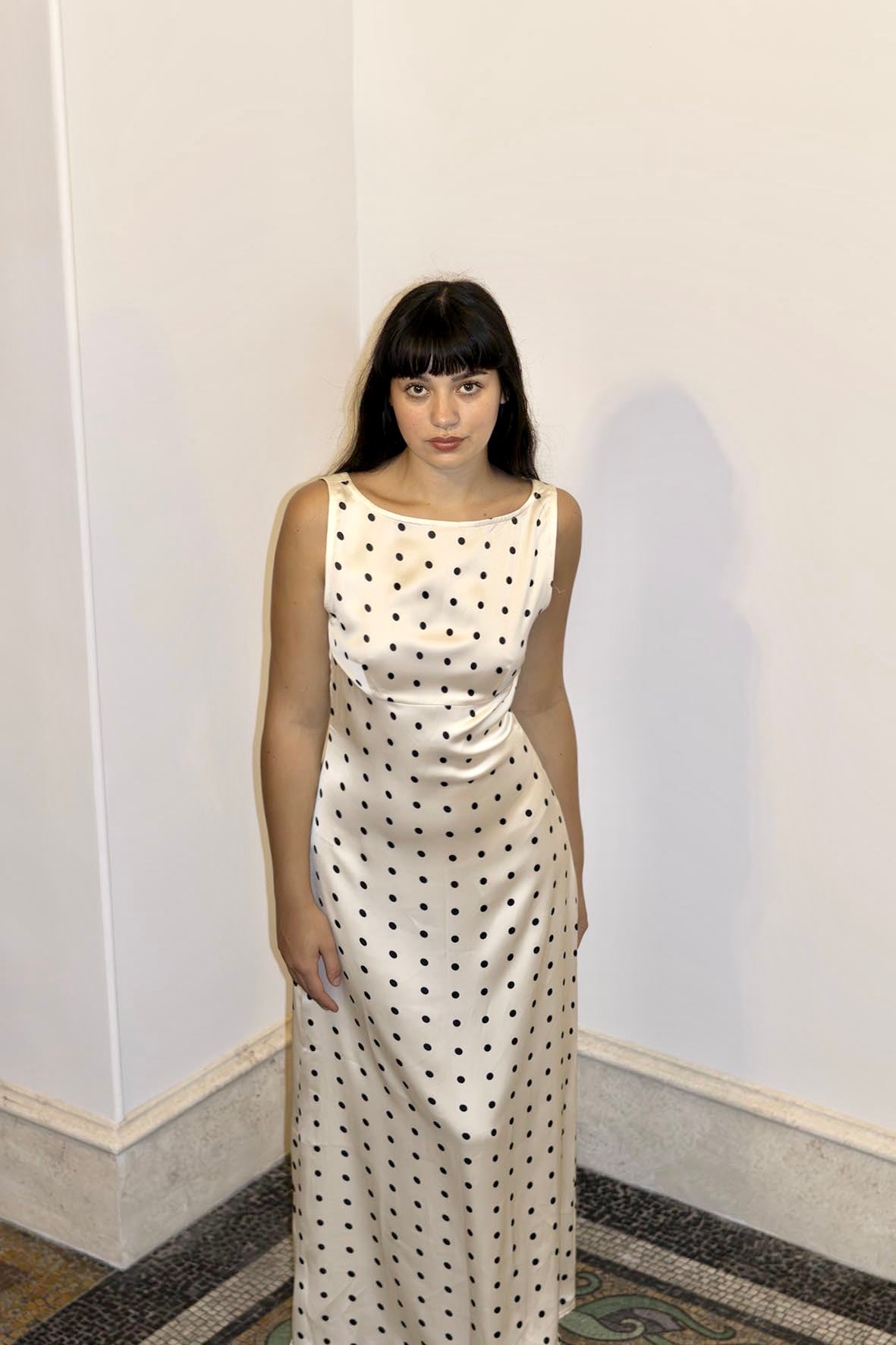 Long Sleeveless Polka Dot Dress – Fitted Silhouette, V-Open Back, Viscose, Parisian Chic