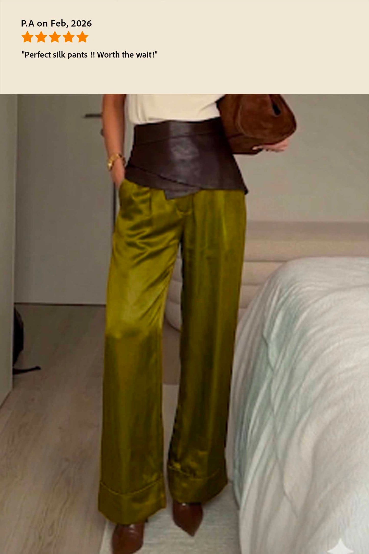 Olive Green Silk Trousers - Wide Legs Silk Pants
