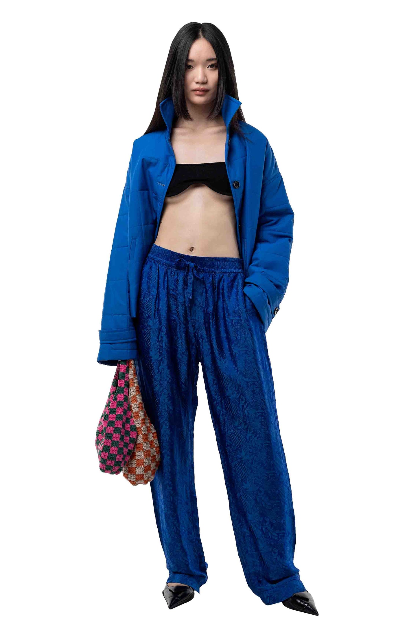 Blue silk pants with motifs "Hỷ"