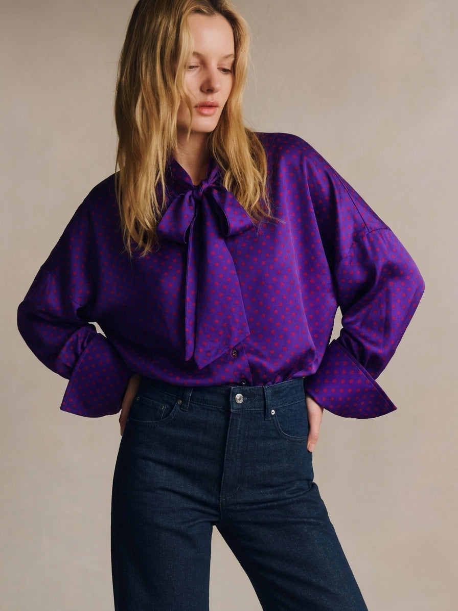 Royal Purple Silk Bow Blouse – Magenta Polka Dots & Oversized Fit