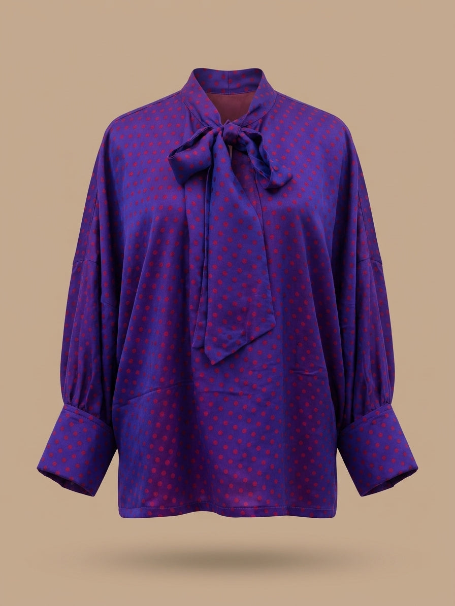 Royal Purple Silk Bow Blouse – Magenta Polka Dots & Oversized Fit