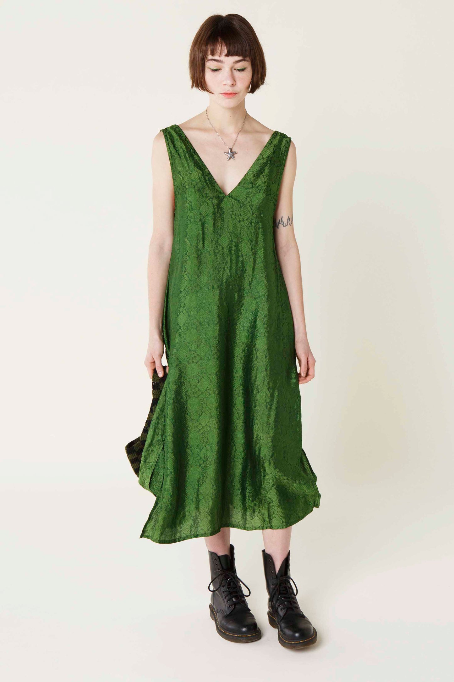 Green Brocade Silk Slip Dress