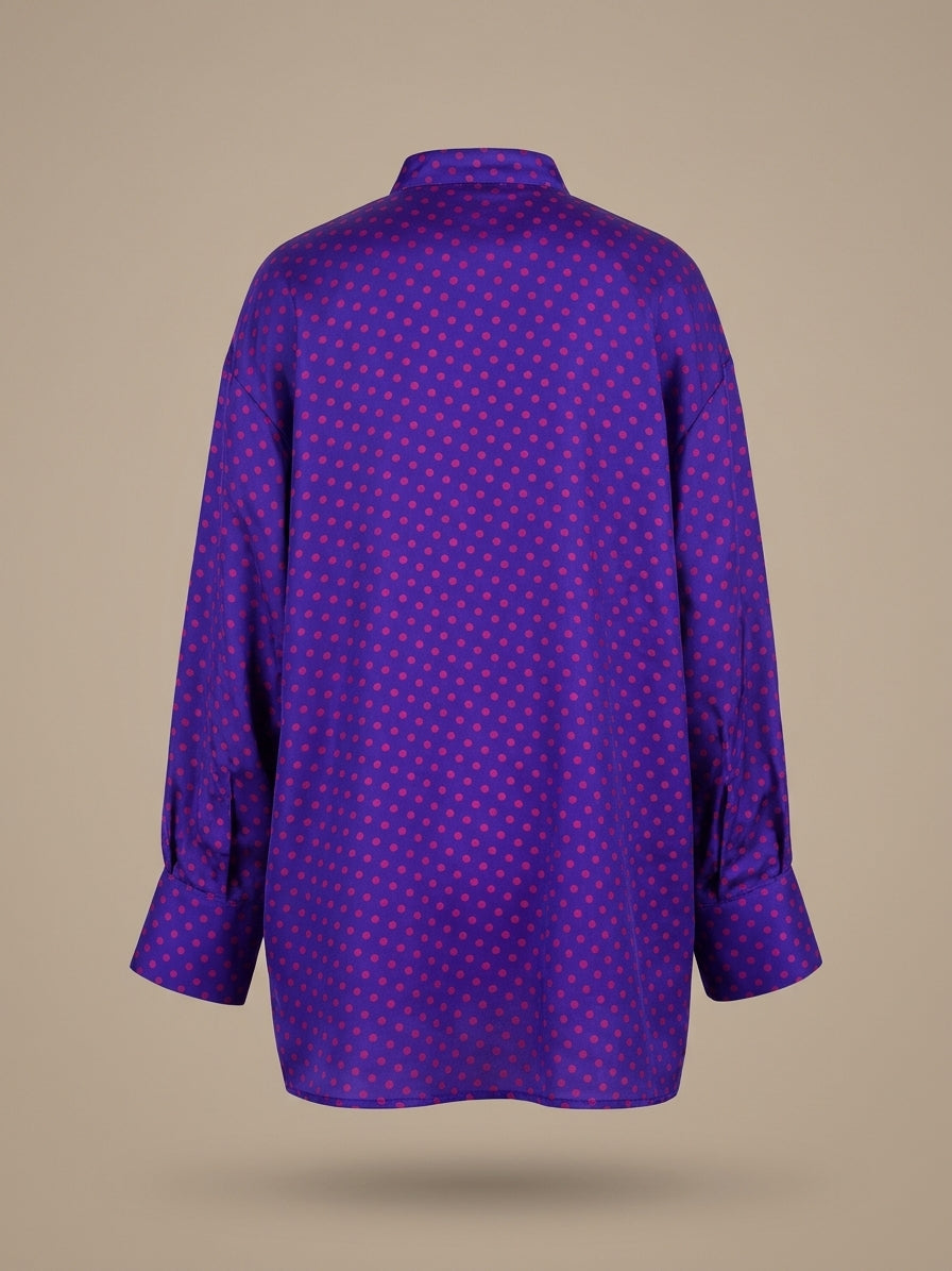 Royal Purple Silk Bow Blouse – Magenta Polka Dots & Oversized Fit