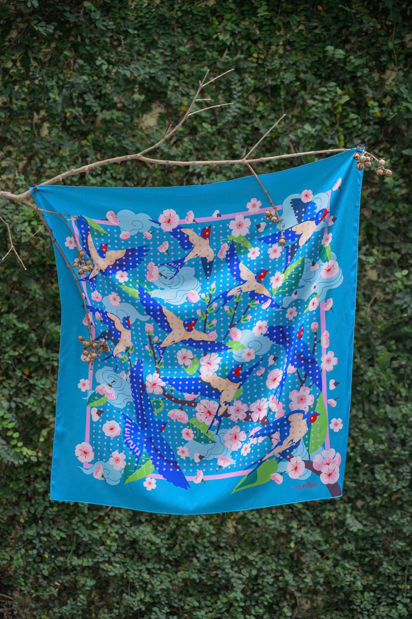 Printed Square Scarf - Blue Bird & Cherry Blossom