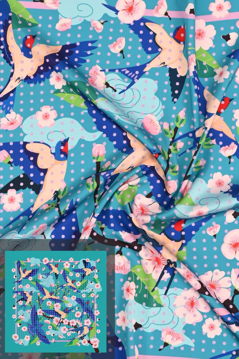 Printed Square Scarf - Blue Bird & Cherry Blossom