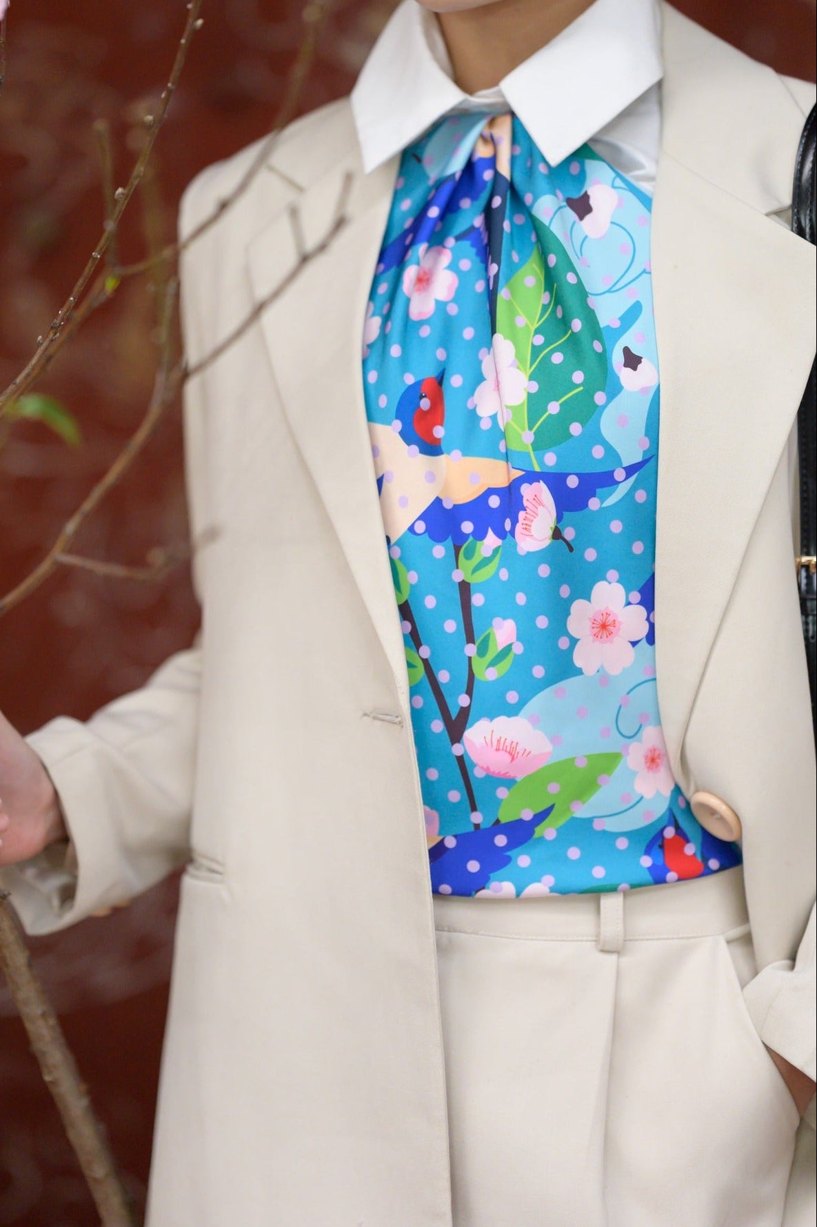 Printed Square Scarf - Blue Bird & Cherry Blossom