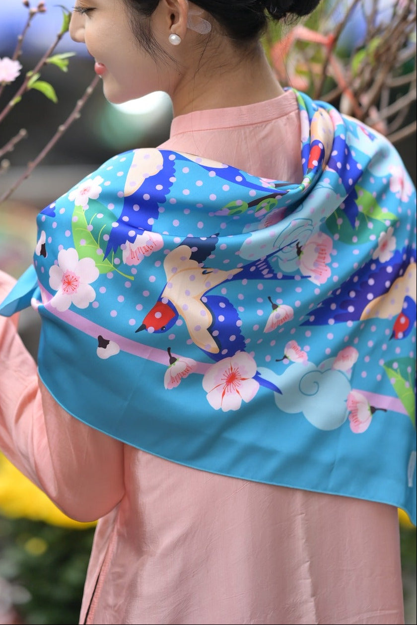 Printed Square Scarf - Blue Bird & Cherry Blossom