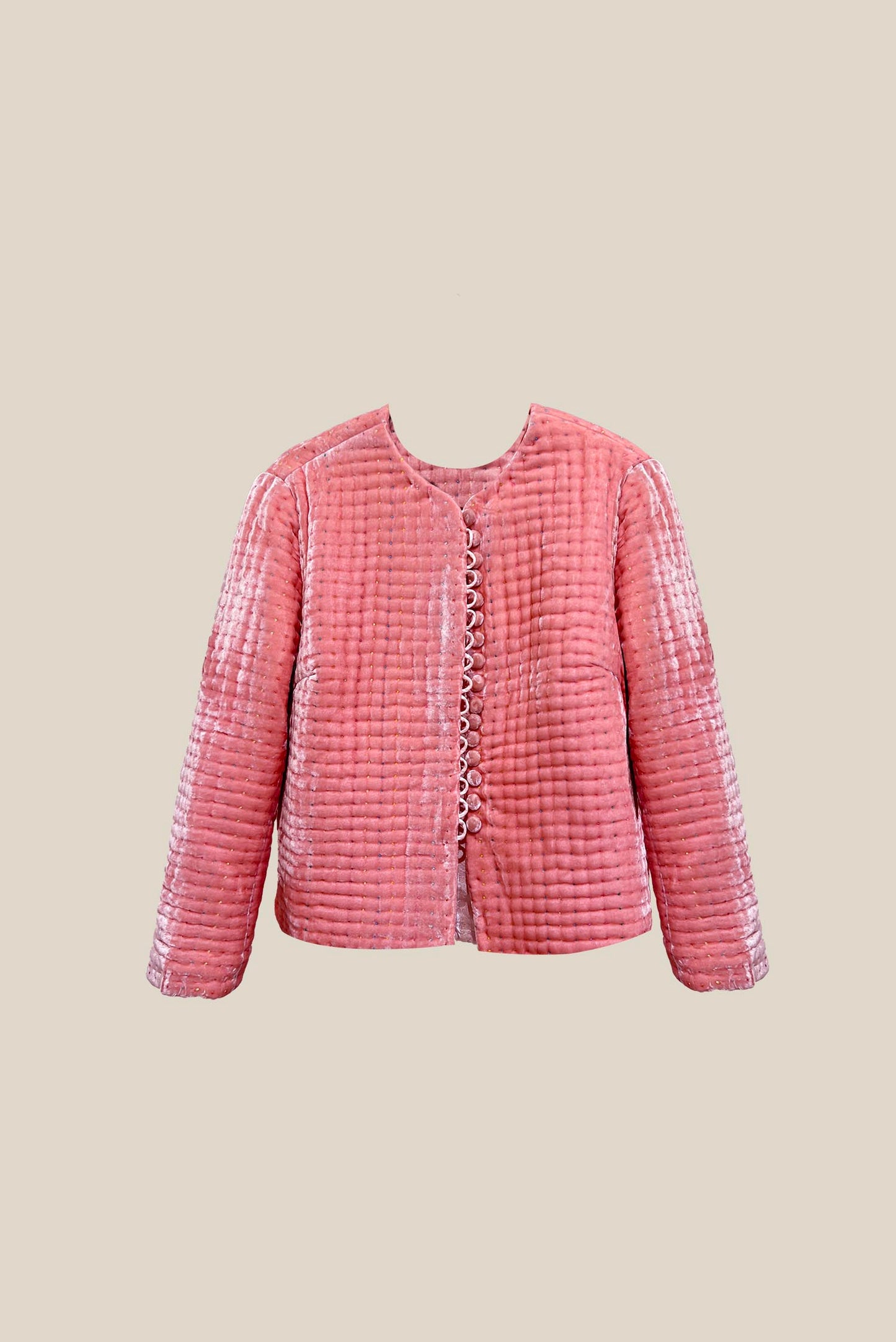 Blush Pink Hand-quilted Round Neck Velvet Jacket