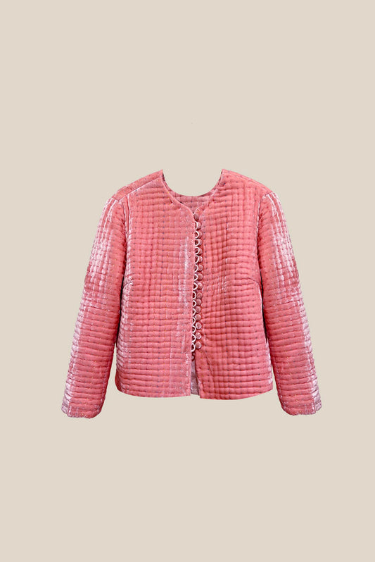 Blush Pink Hand-quilted Round Neck Velvet Jacket