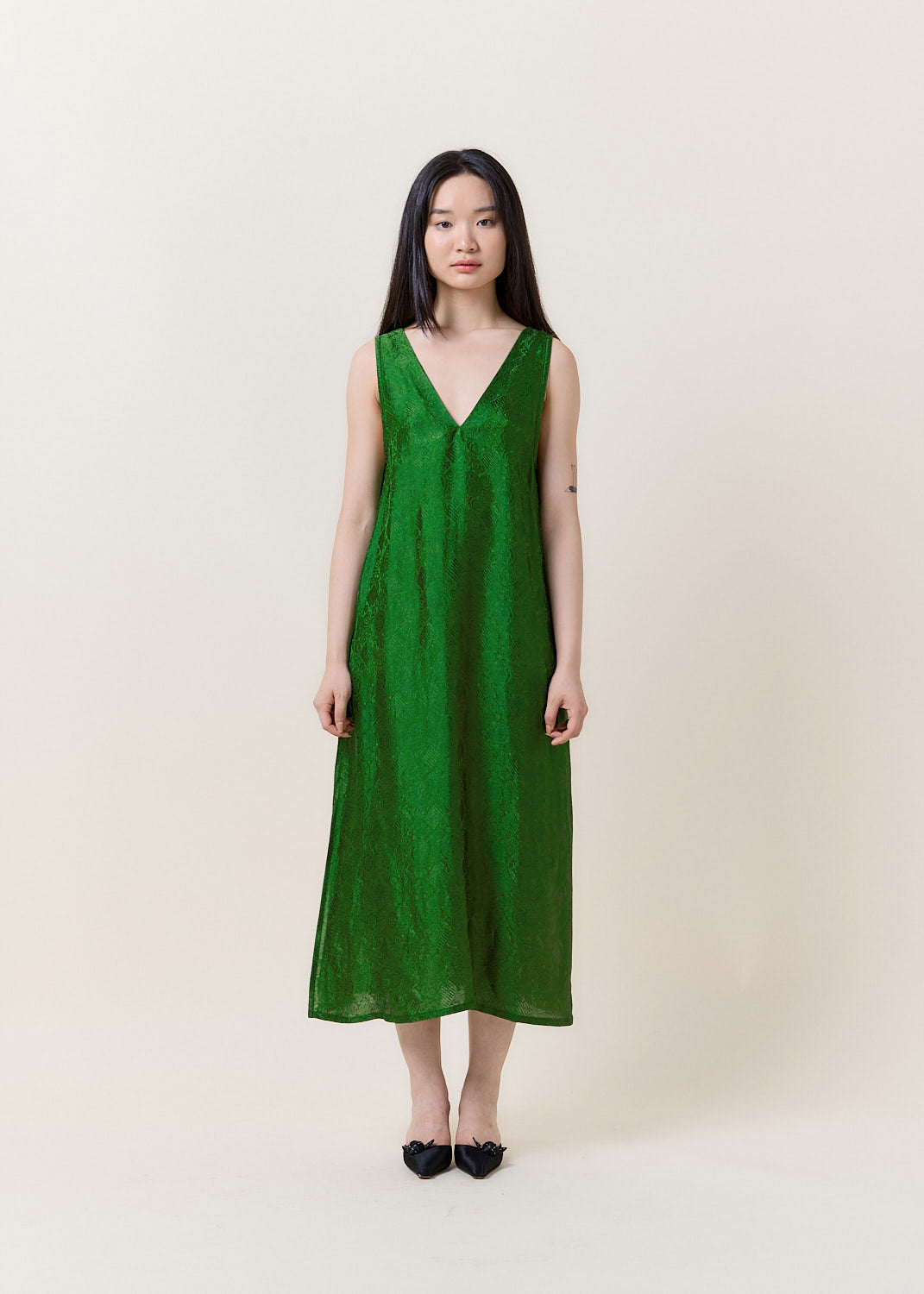 Green Silk Brocade Simple Dress