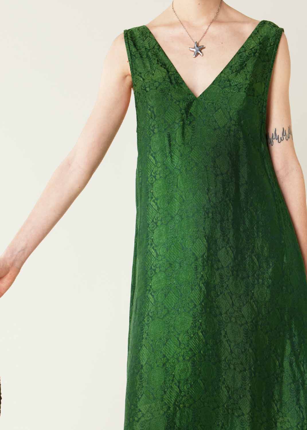 Green Silk Brocade Simple Dress