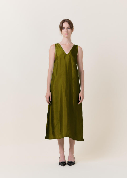 Olive Green Silk Maxi Dress