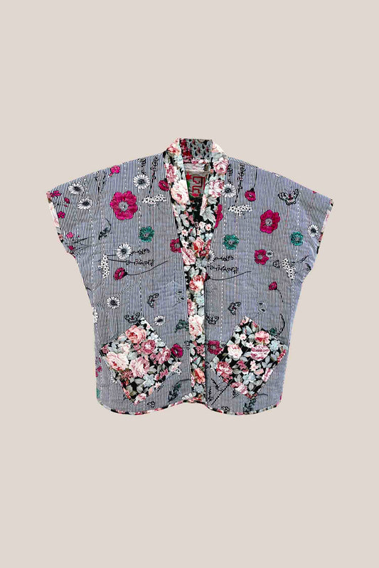 Sleeveless Floral Cotton Jacket – Hand-Quilted, Lightweight 3-Layer Design