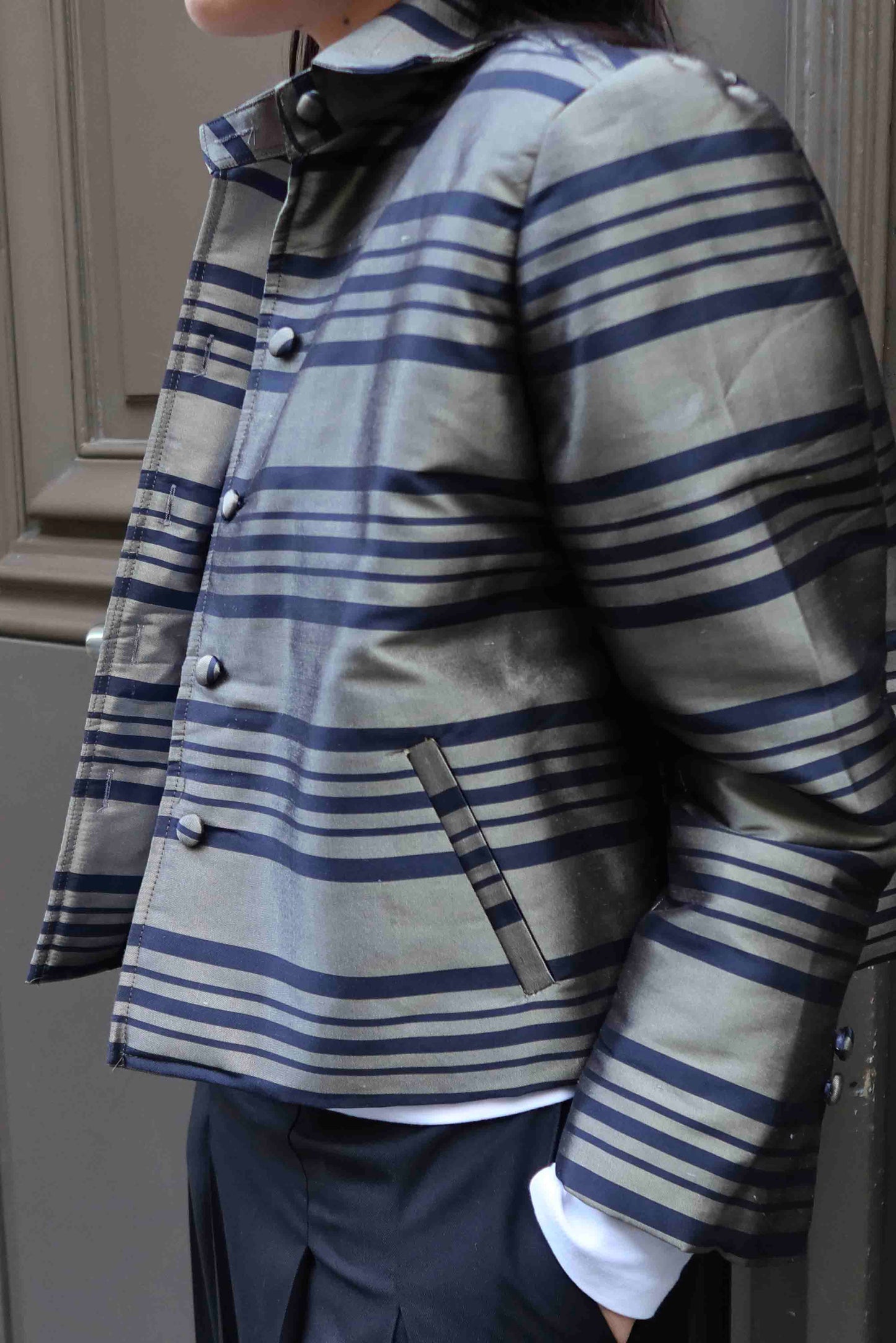 Taffeta Silk Jacket – Black Stripes on Champagne