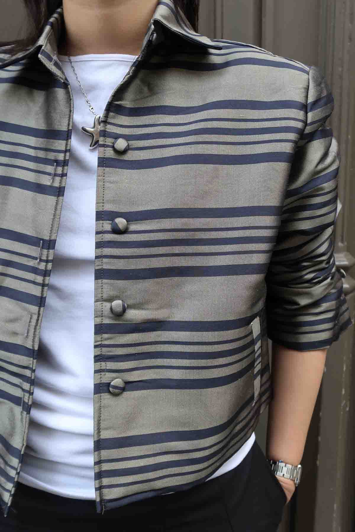 Taffeta Silk Jacket – Black Stripes on Champagne