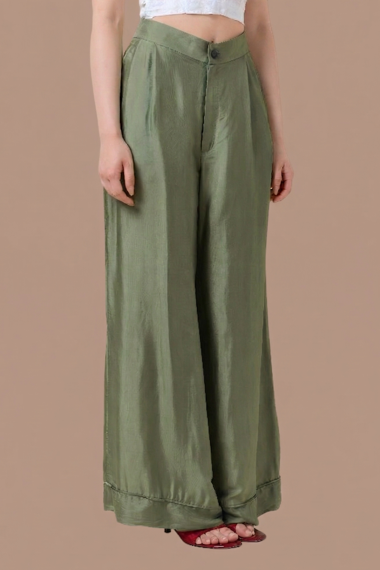 Sage Silk Trousers - Wide Legs Silk Pants