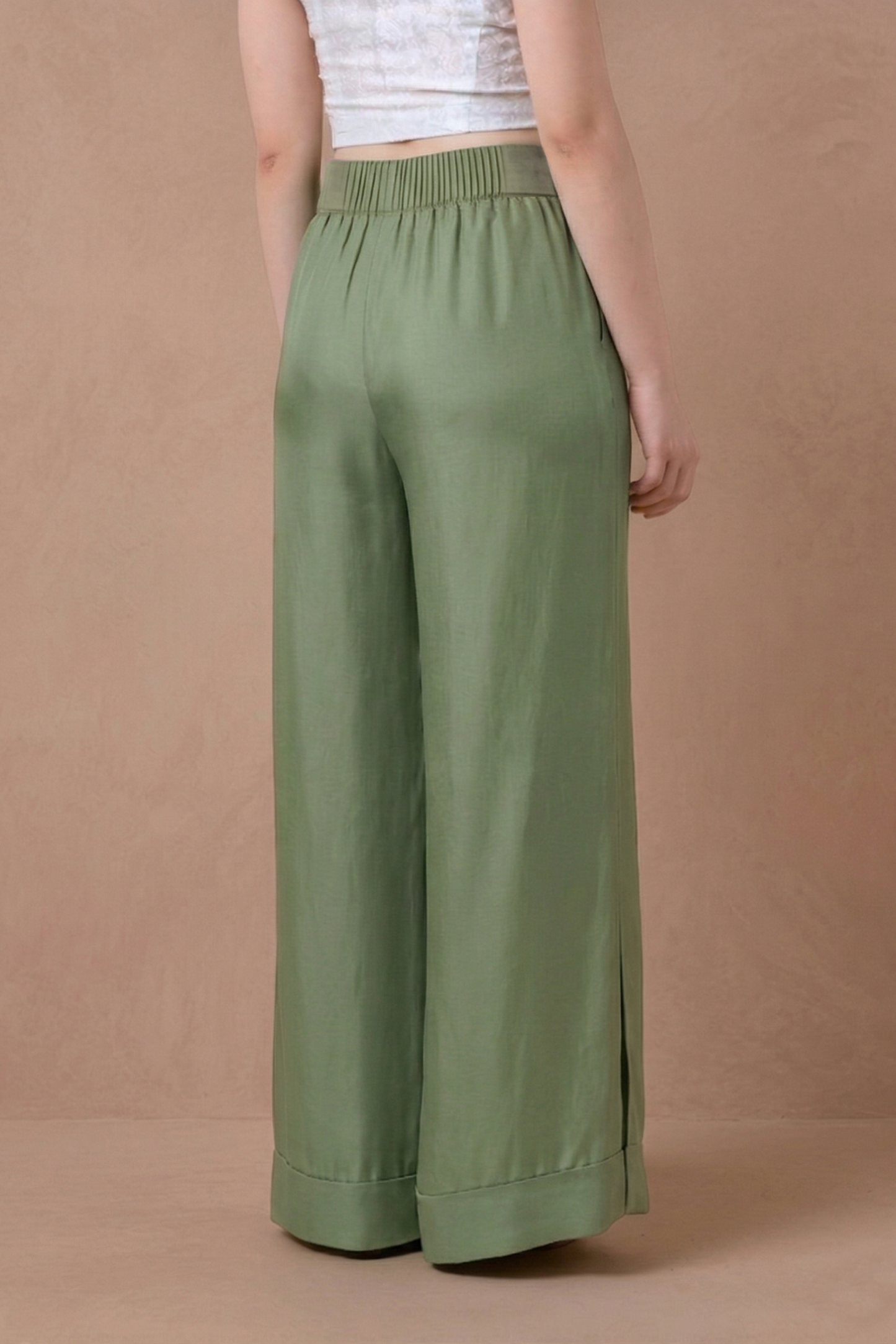 Sage Silk Trousers - Wide Legs Silk Pants
