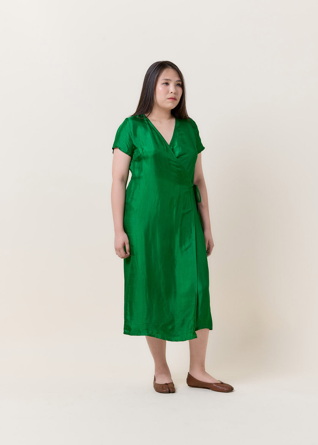 Wrapped V-neck Midi Silk Dress