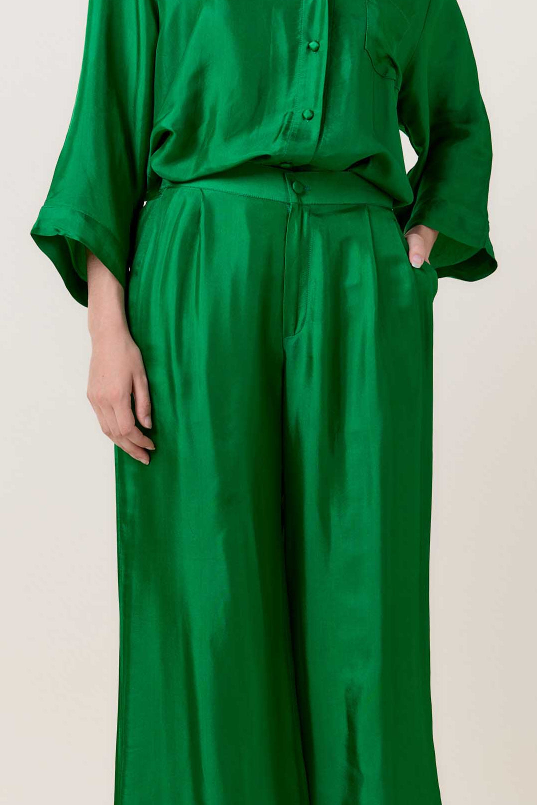 Green Silk Trousers - Wide Legs Silk Pants