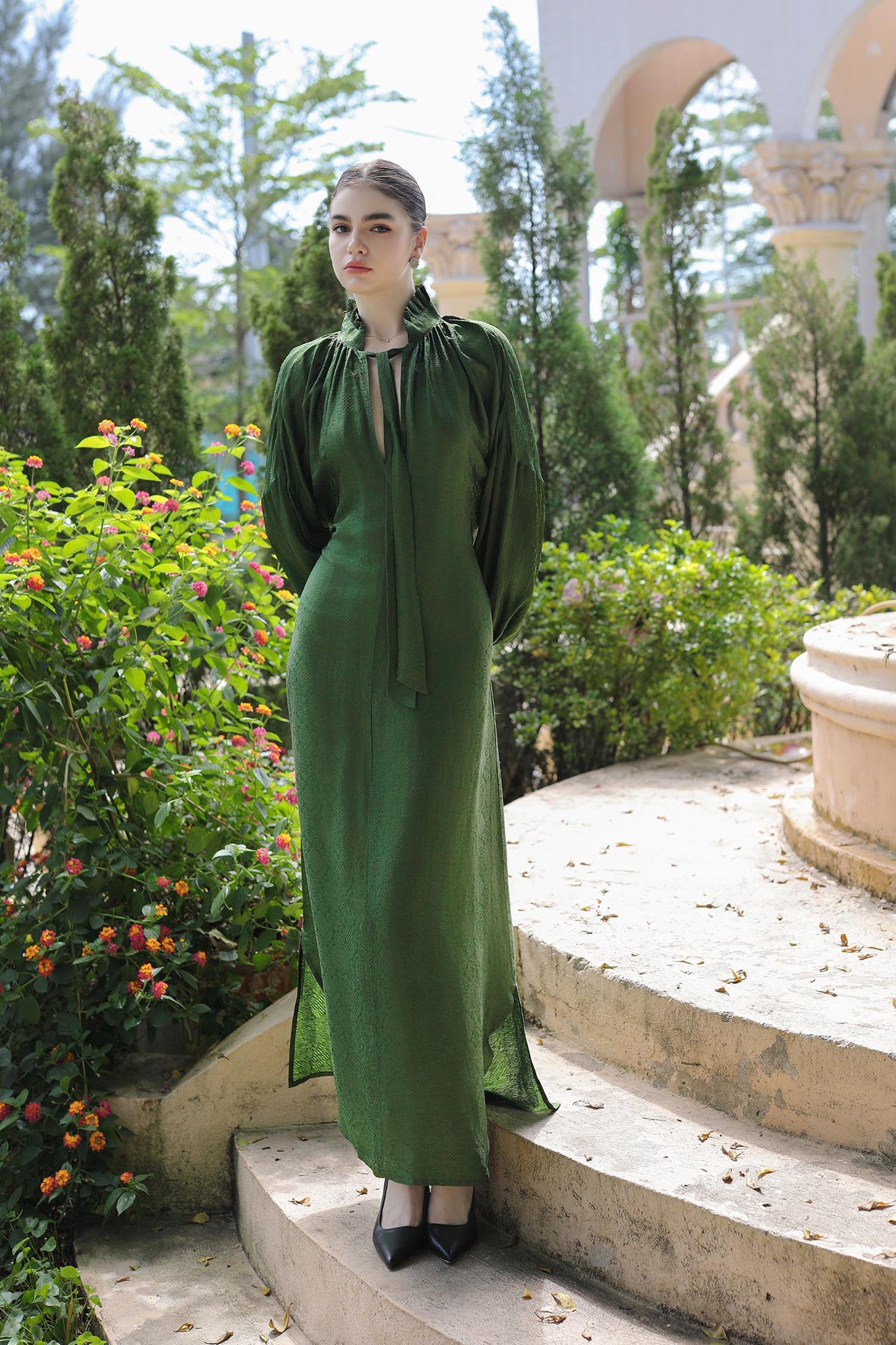 Green Silk Brocade Dress Juliette