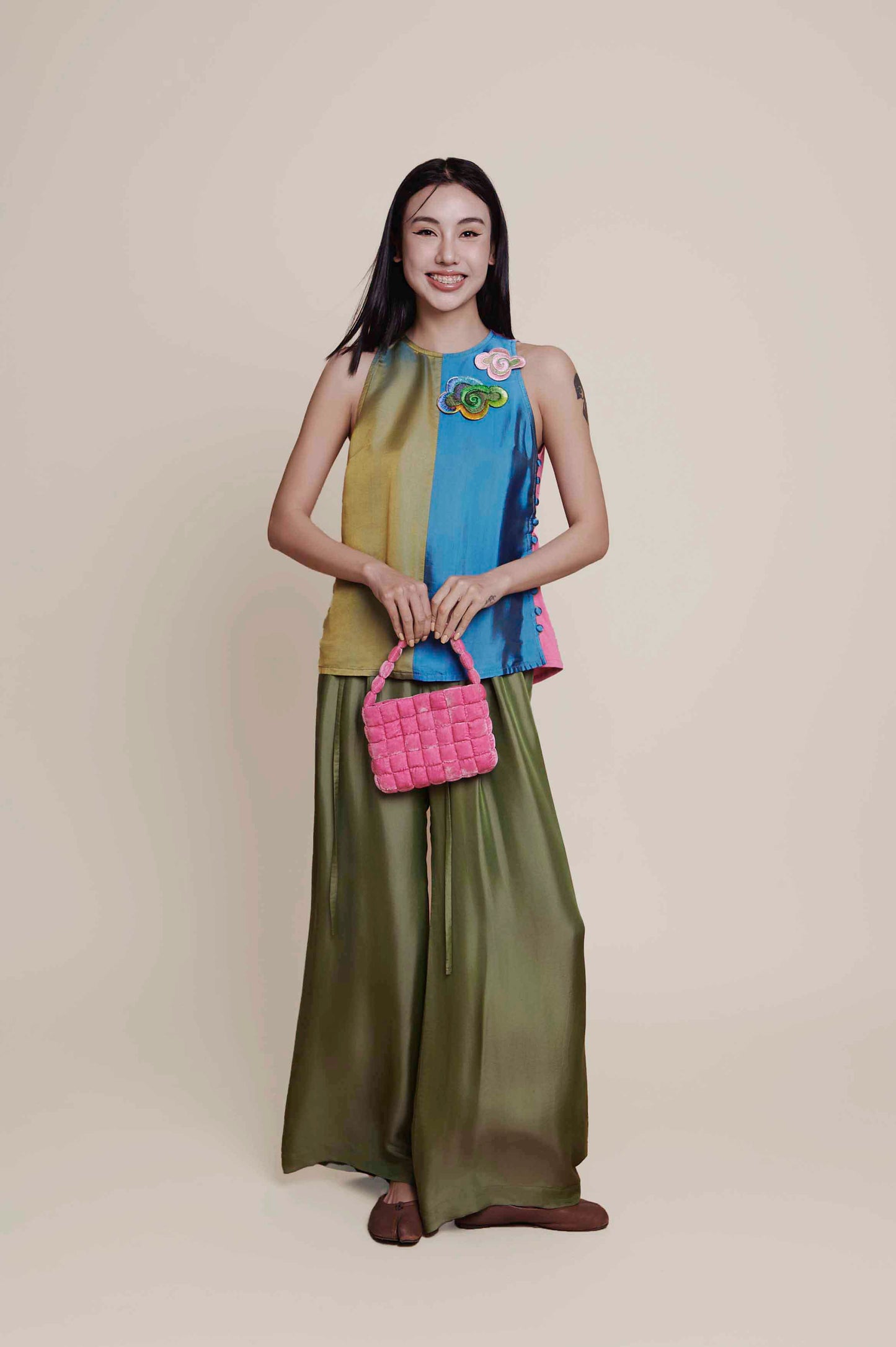 Sage Silk Trousers - Wide Legs Silk Pants