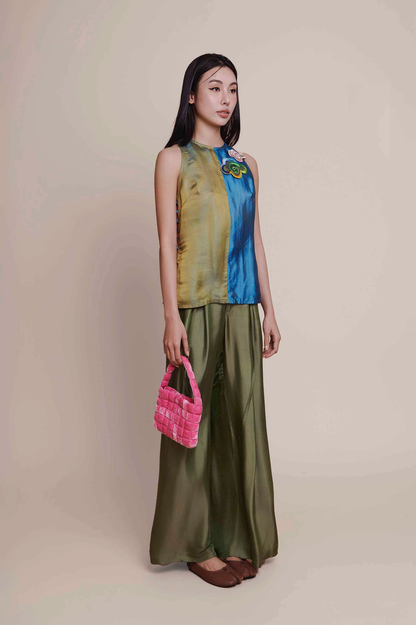 Sage Silk Trousers - Wide Legs Silk Pants