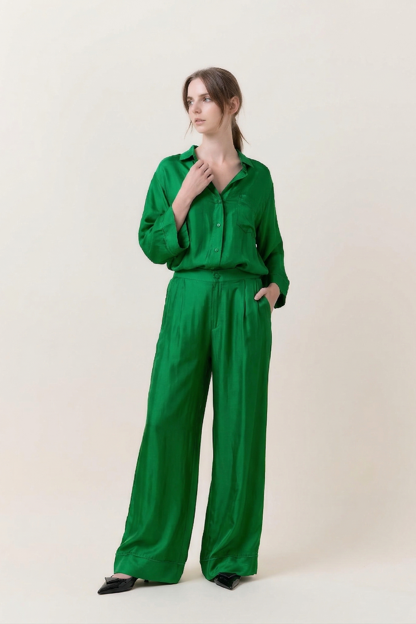 Green Silk Trousers - Wide Legs Silk Pants