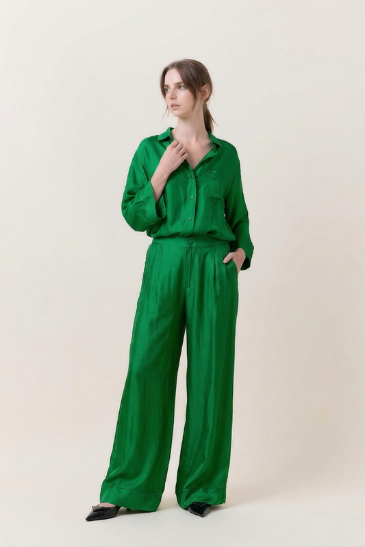 Green Silk Trousers - Wide Legs Silk Pants