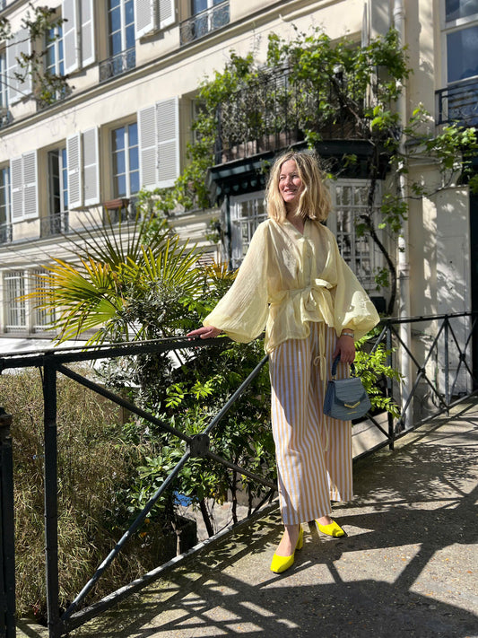 Butter Yellow Balloon Linen Blouse With Waist Tie