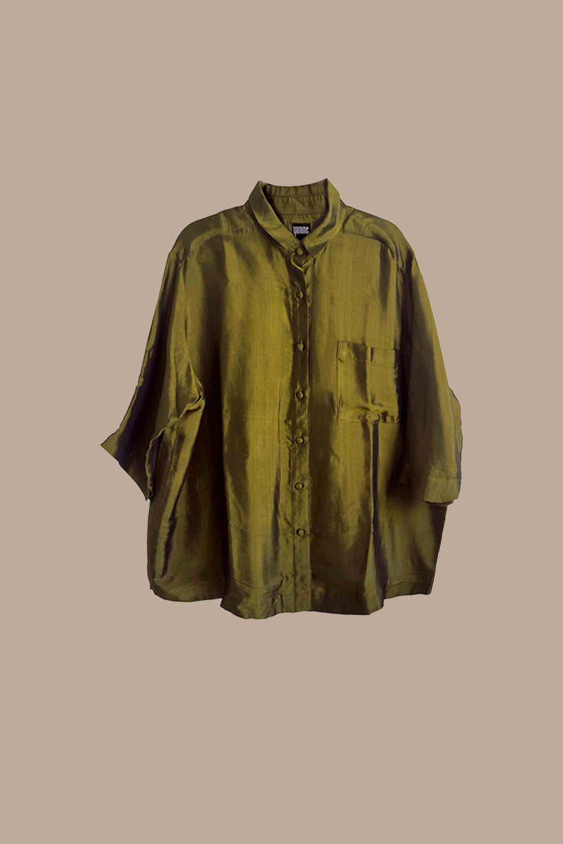 Green Olive Silk Shirt – Oversized & Effortlessly Elegant