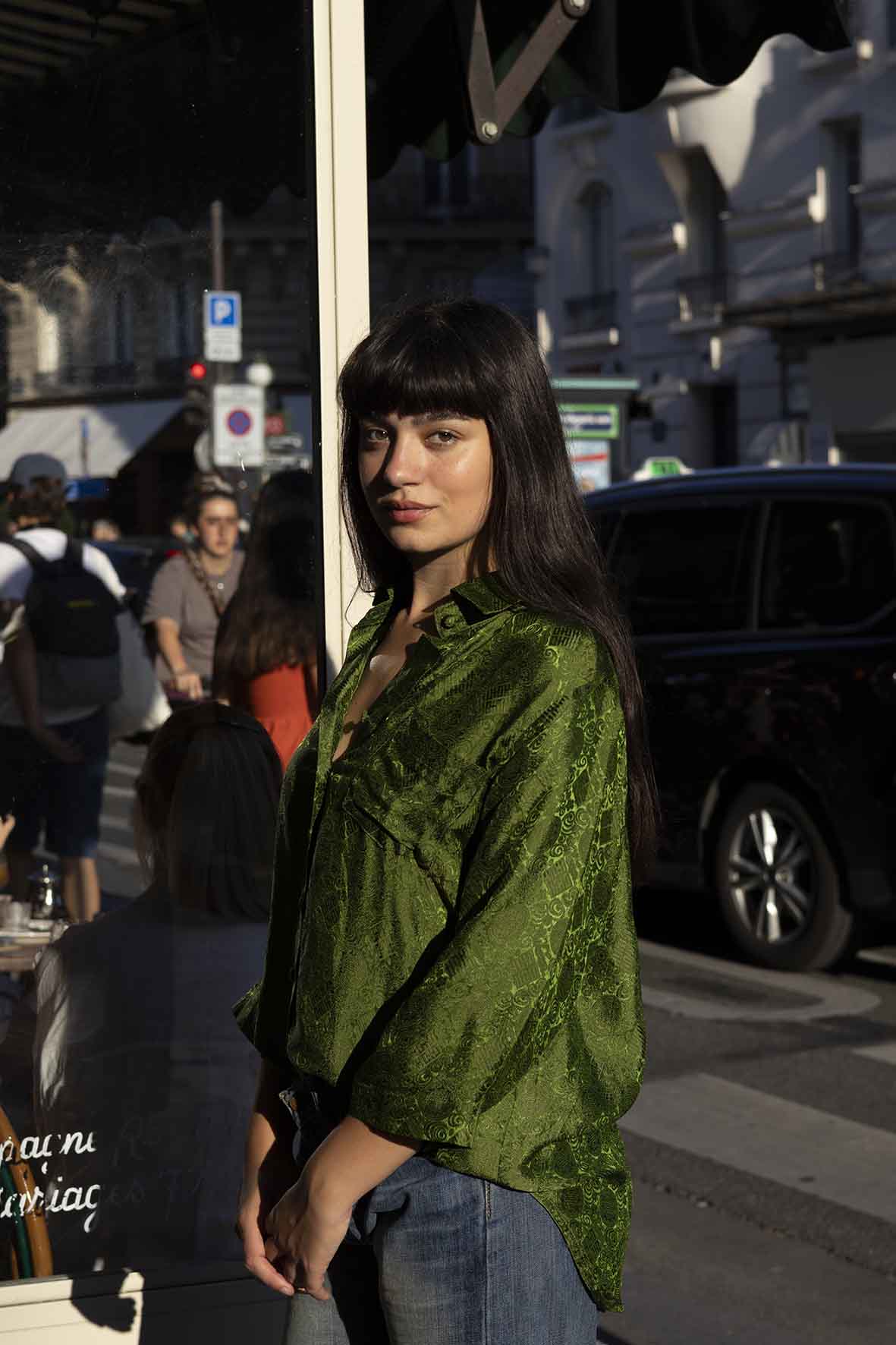 Green Brocade Silk Shirt – Oversized & Effortlessly Elegant