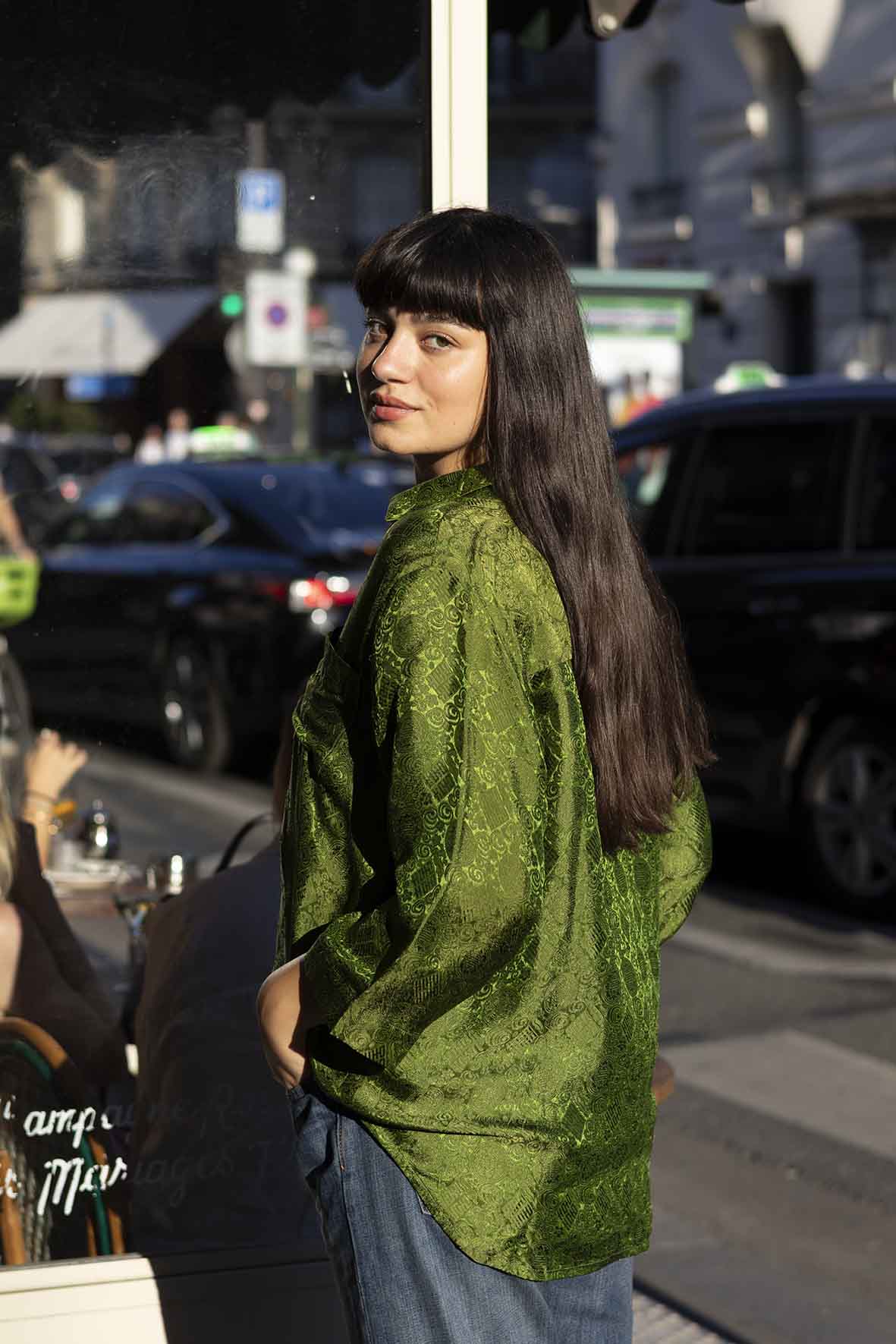 Green Brocade Silk Shirt – Oversized & Effortlessly Elegant