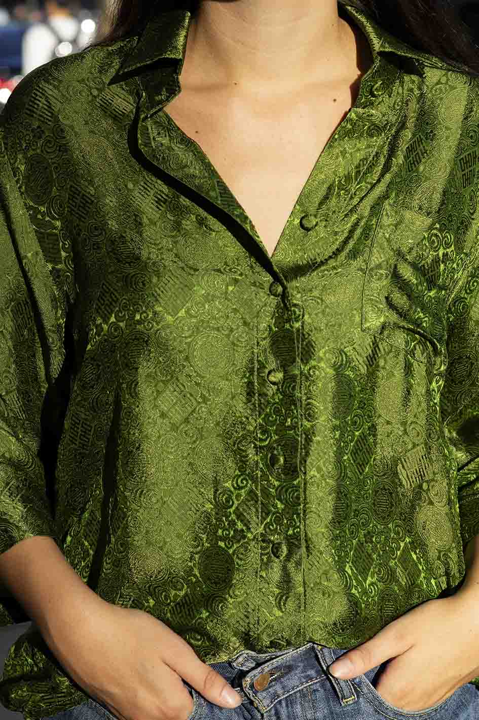 Green Brocade Silk Shirt – Oversized & Effortlessly Elegant