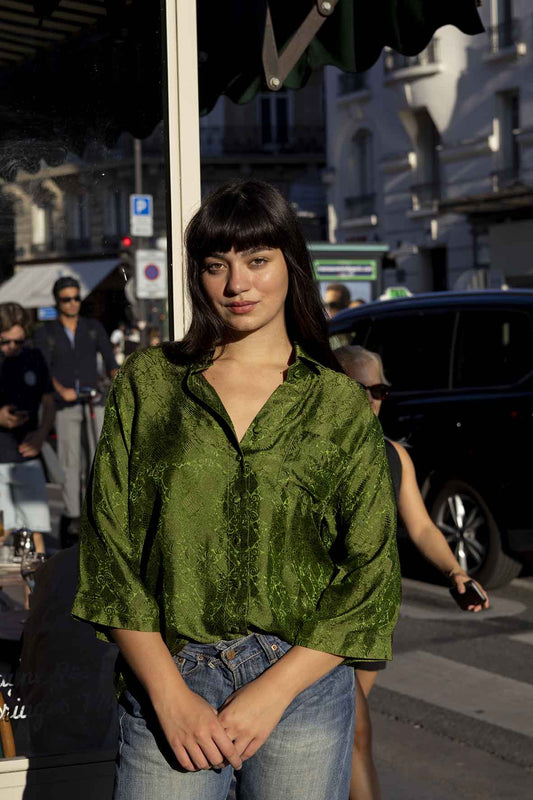 Green Brocade Silk Shirt – Oversized & Effortlessly Elegant