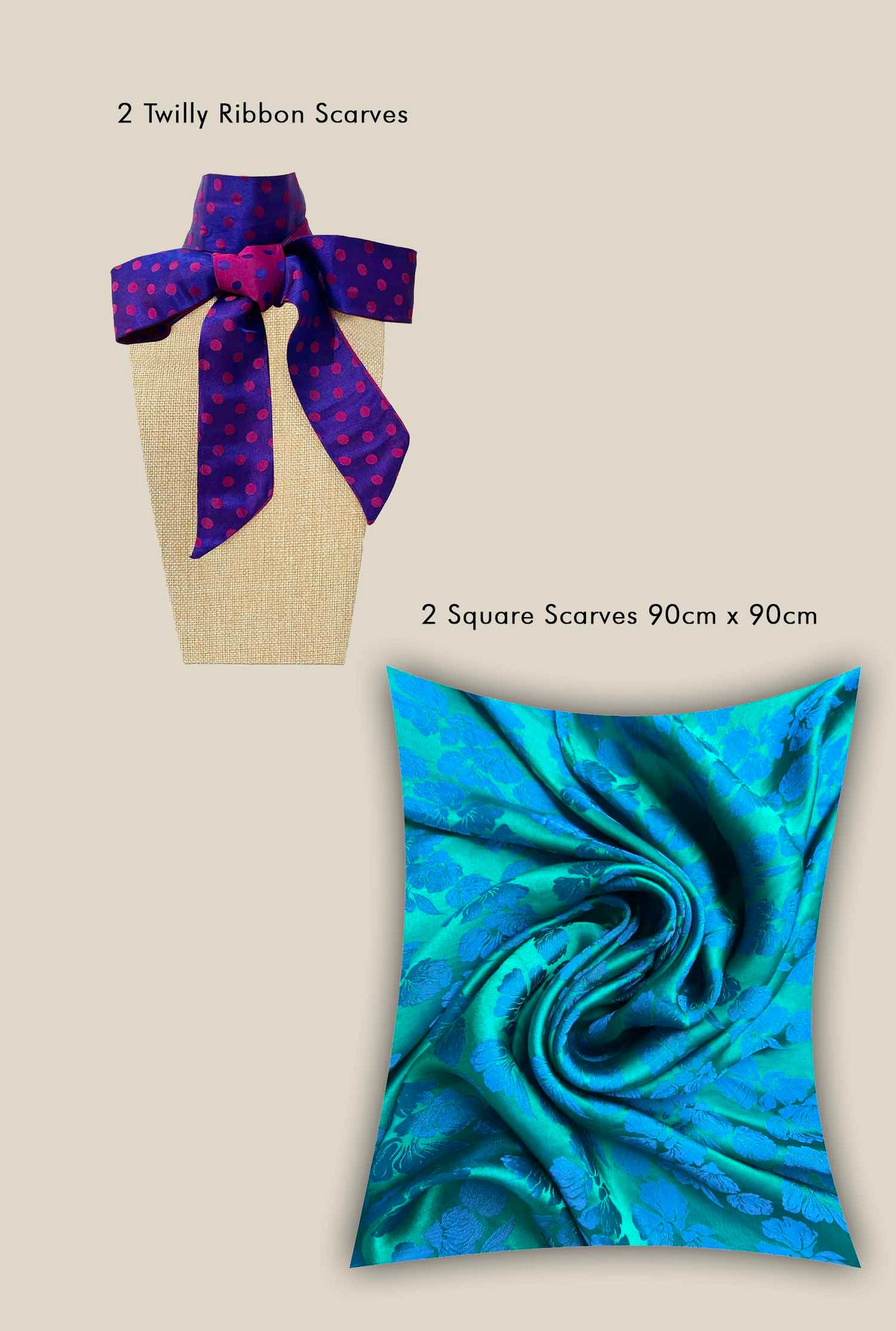 Set Twins - 2 Twilly Ribbon Scarves & 2 Square Scarves