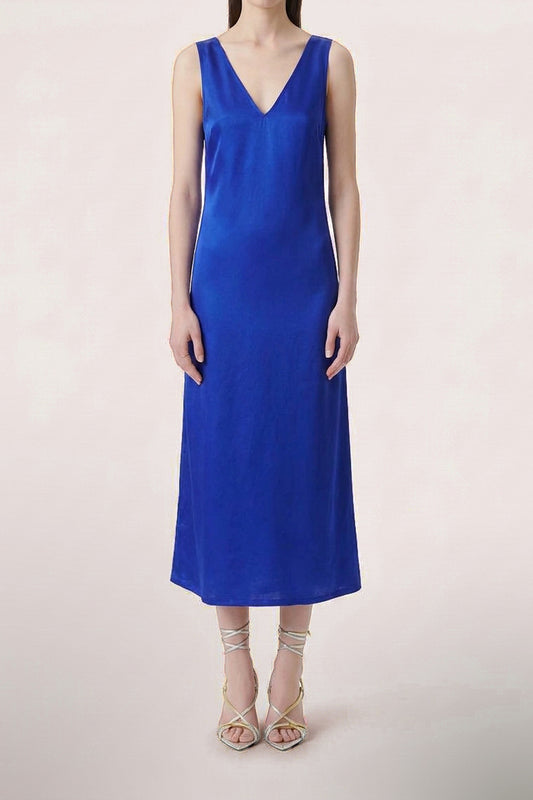 Blue Silk Slip Dress - Style Maxi With Adjustable Tie Belt