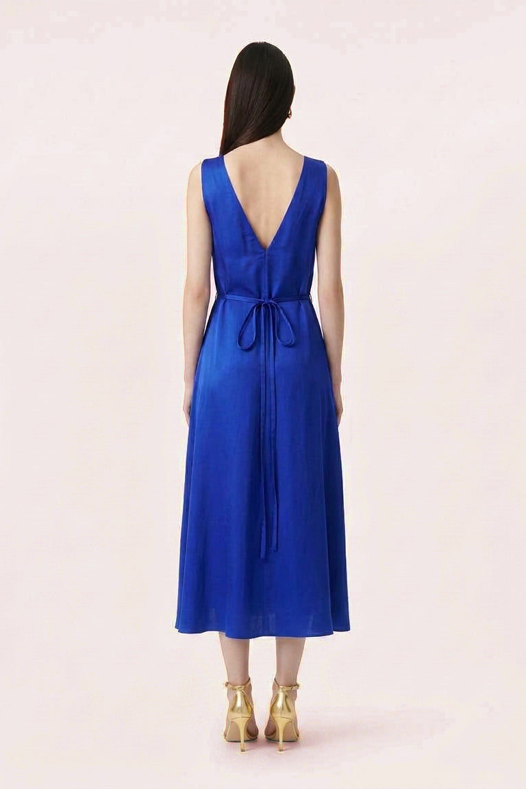 Blue Silk Slip Dress - Style Maxi With Adjustable Tie Belt
