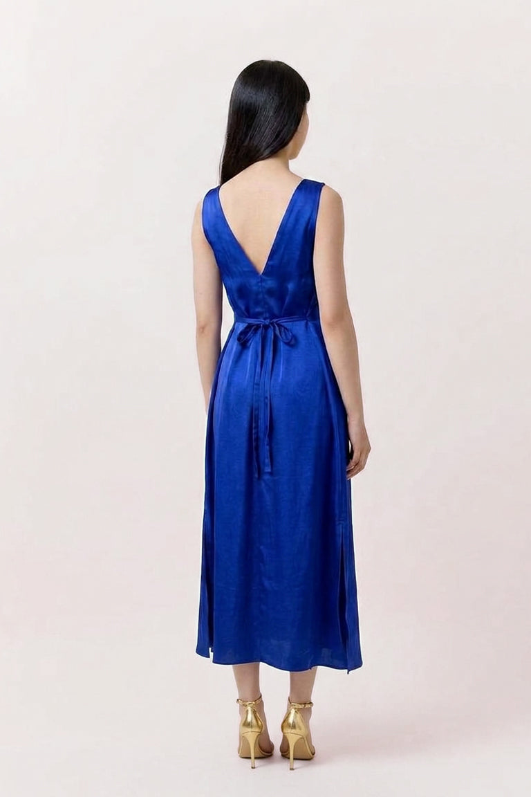 Blue Silk Slip Dress - Style Maxi With Adjustable Tie Belt