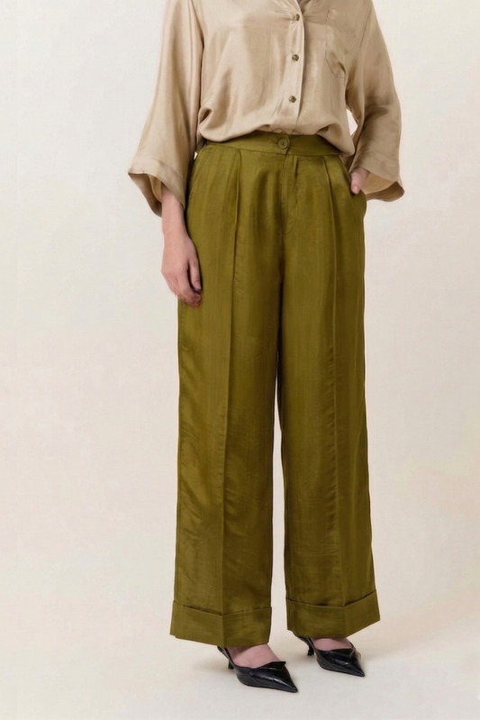 Olive Green Silk Trousers - Wide Legs Silk Pants