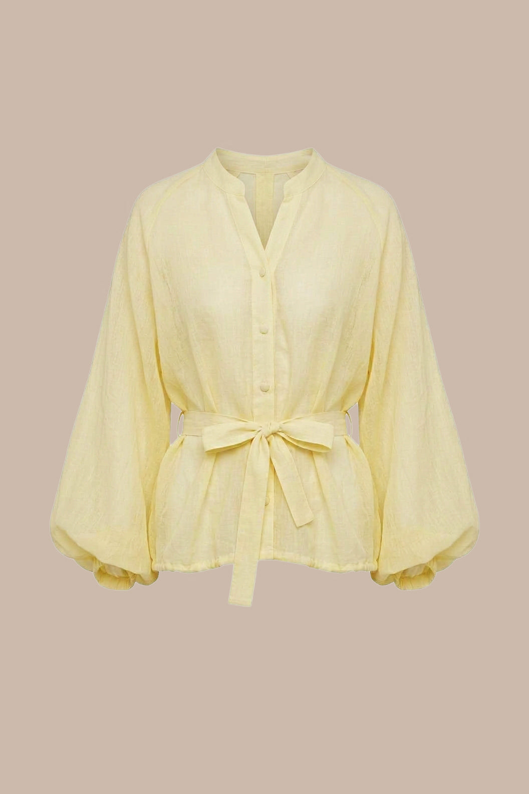 Butter Yellow Balloon Linen Blouse With Waist Tie