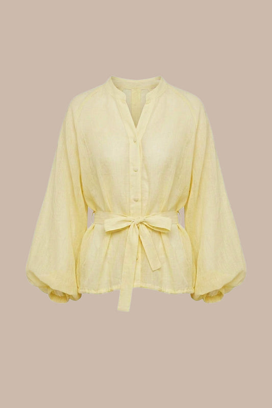 Butter Yellow Balloon Linen Blouse With Waist Tie
