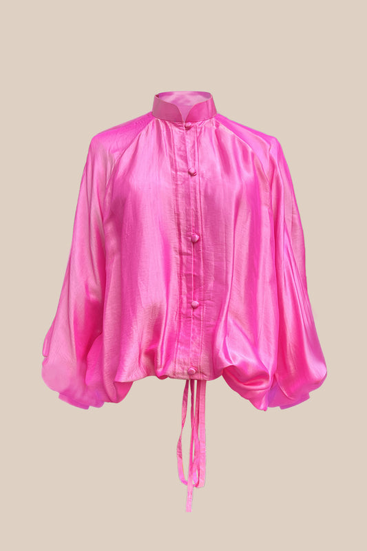 Rose Pink Silk Balloon Blouse – Mandarin Collar & Adjustable Waist