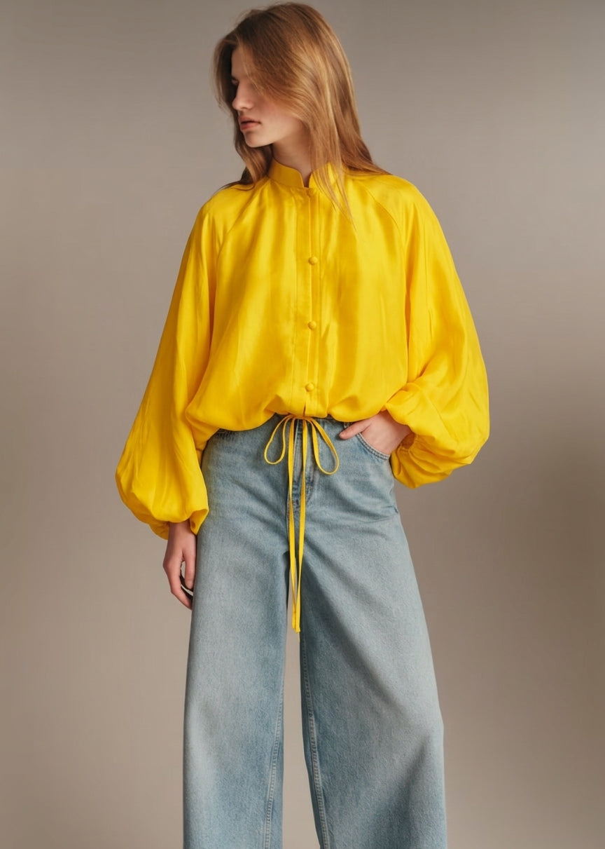 Yellow Silk Balloon Blouse – Mandarin Collar & Adjustable Waist
