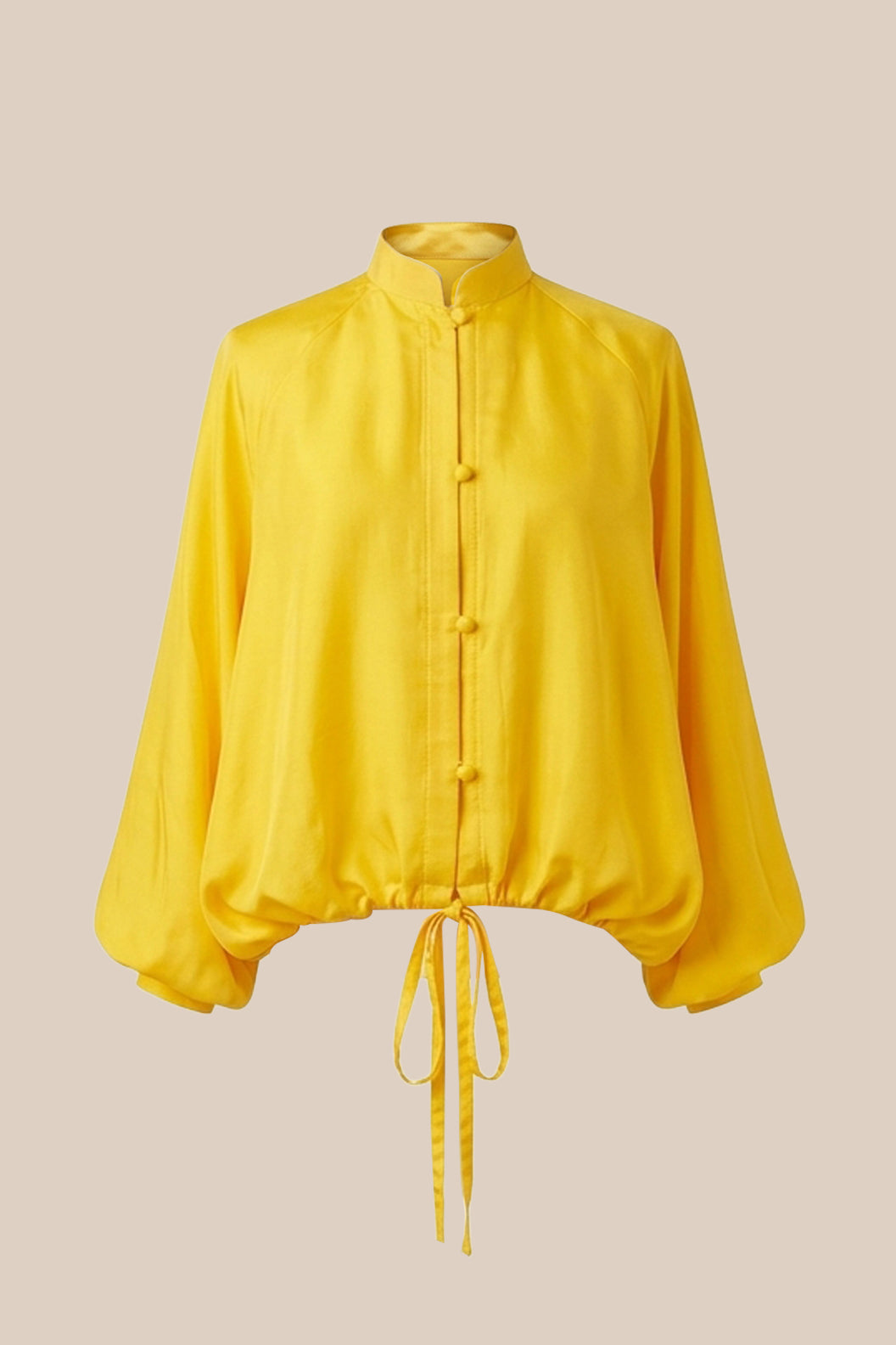 Yellow Silk Balloon Blouse – Mandarin Collar & Adjustable Waist