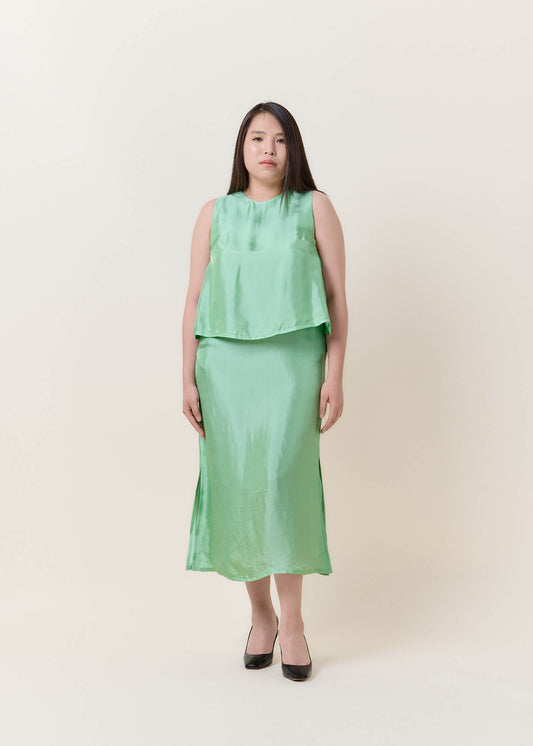 Almond Green Silk Bow Dress