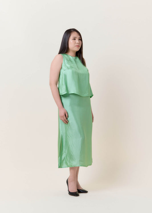 Almond Green Silk Bow Dress