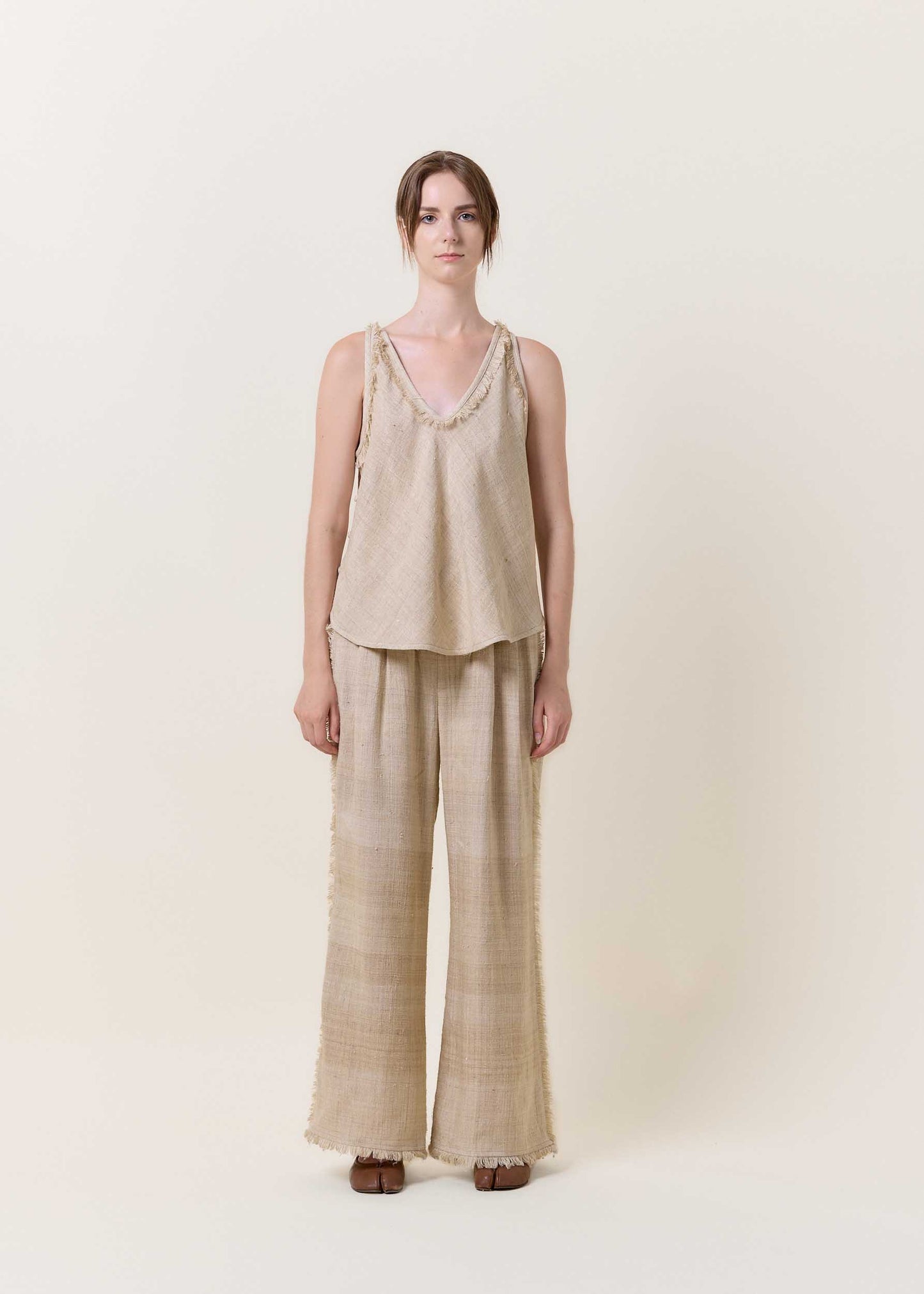 Beige Raw Silk Tassels Tank Top