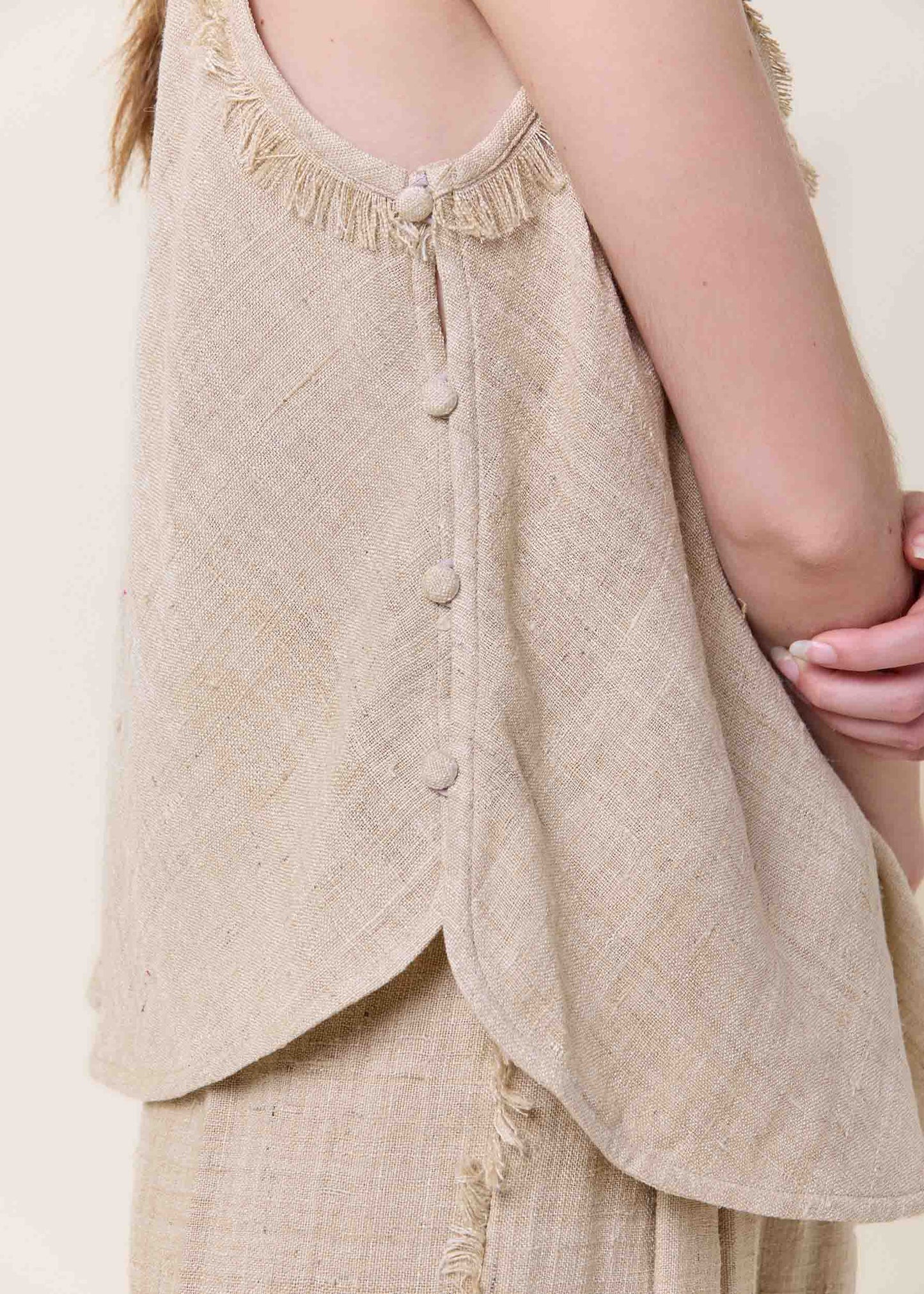 Beige Raw Silk Tassels Tank Top