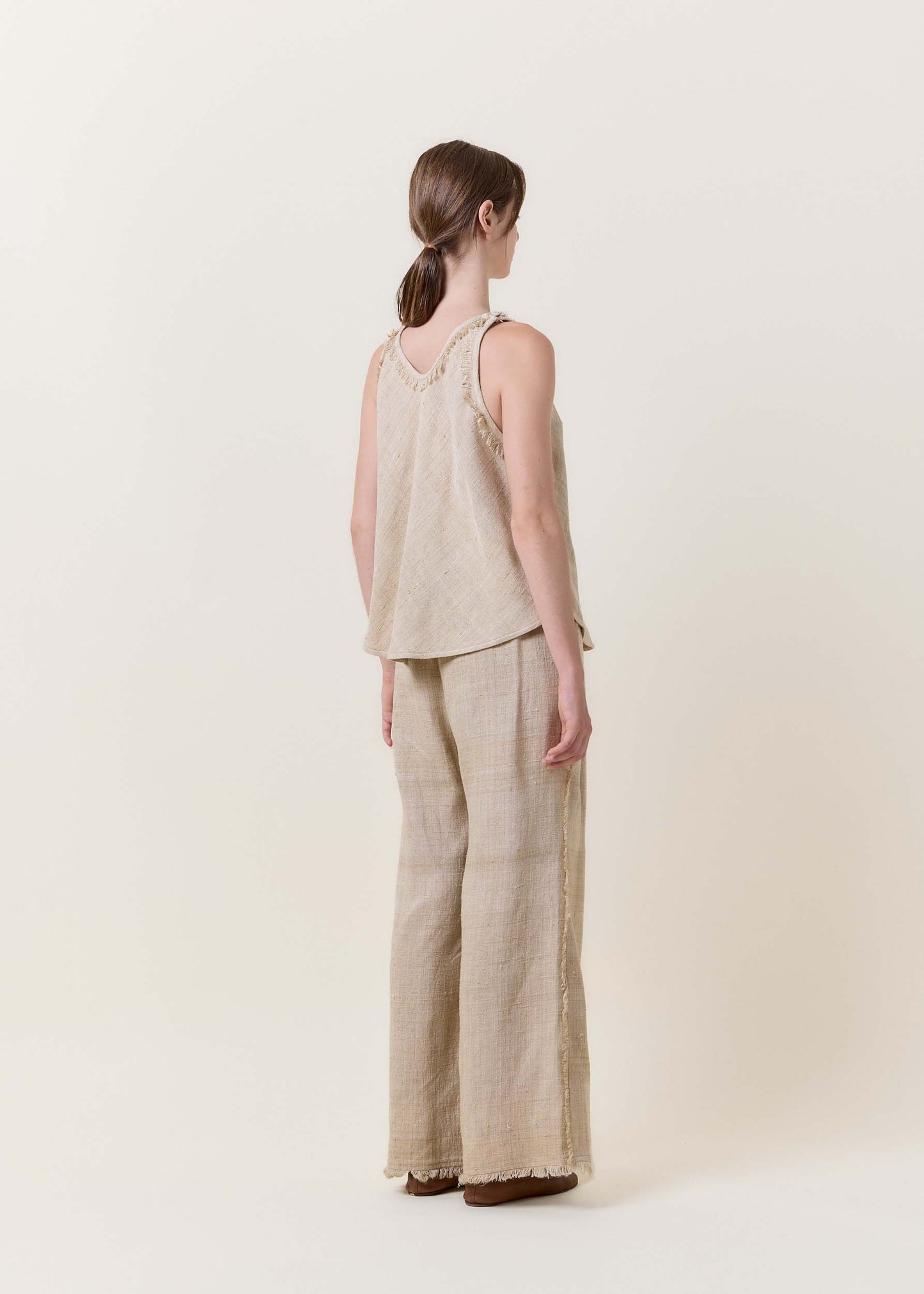 Beige Raw Silk Tassels Tank Top