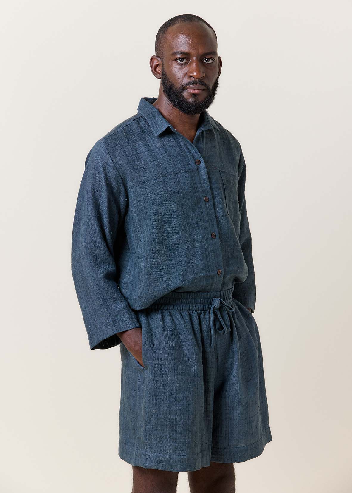 Navy Unisex Raw Silk Shirt